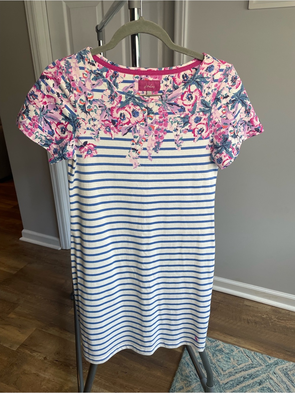 Joules Blue and Pink Striped Dress with Floral Yoke